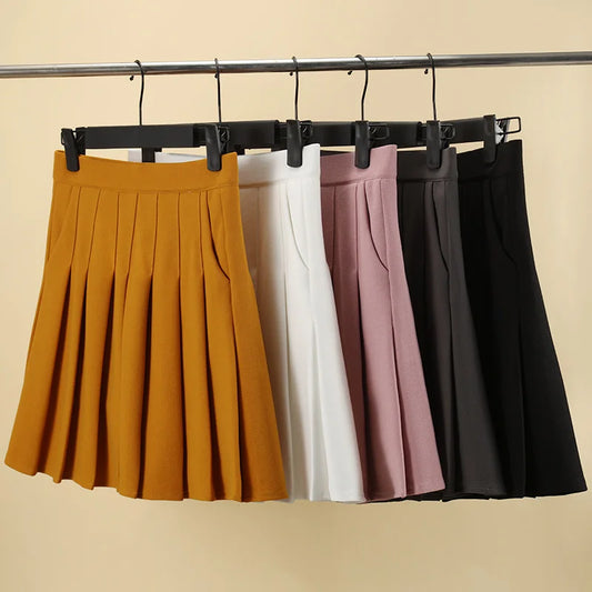 Pleated Skirt with Pockets Women&#39;s Autumn Yellow Preppy Style Elastic High Waist A- Line Slimming Black Kawaii Mini  Short Skirt